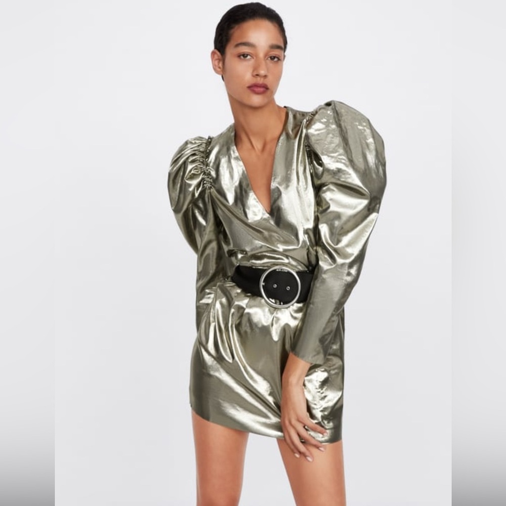Zara Metallic metallic Mini Dress with Puff Sleeves nwt
